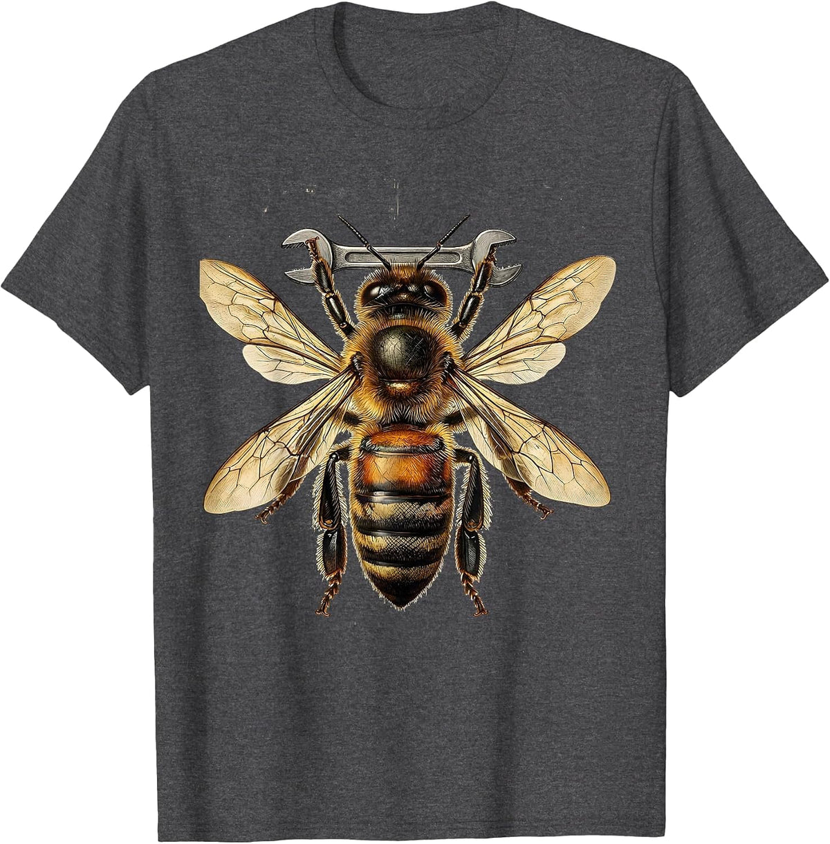 Men's Bee Mechanic Holding Wrench Funny Bug Art T-Shirt - Dark Heather Grey