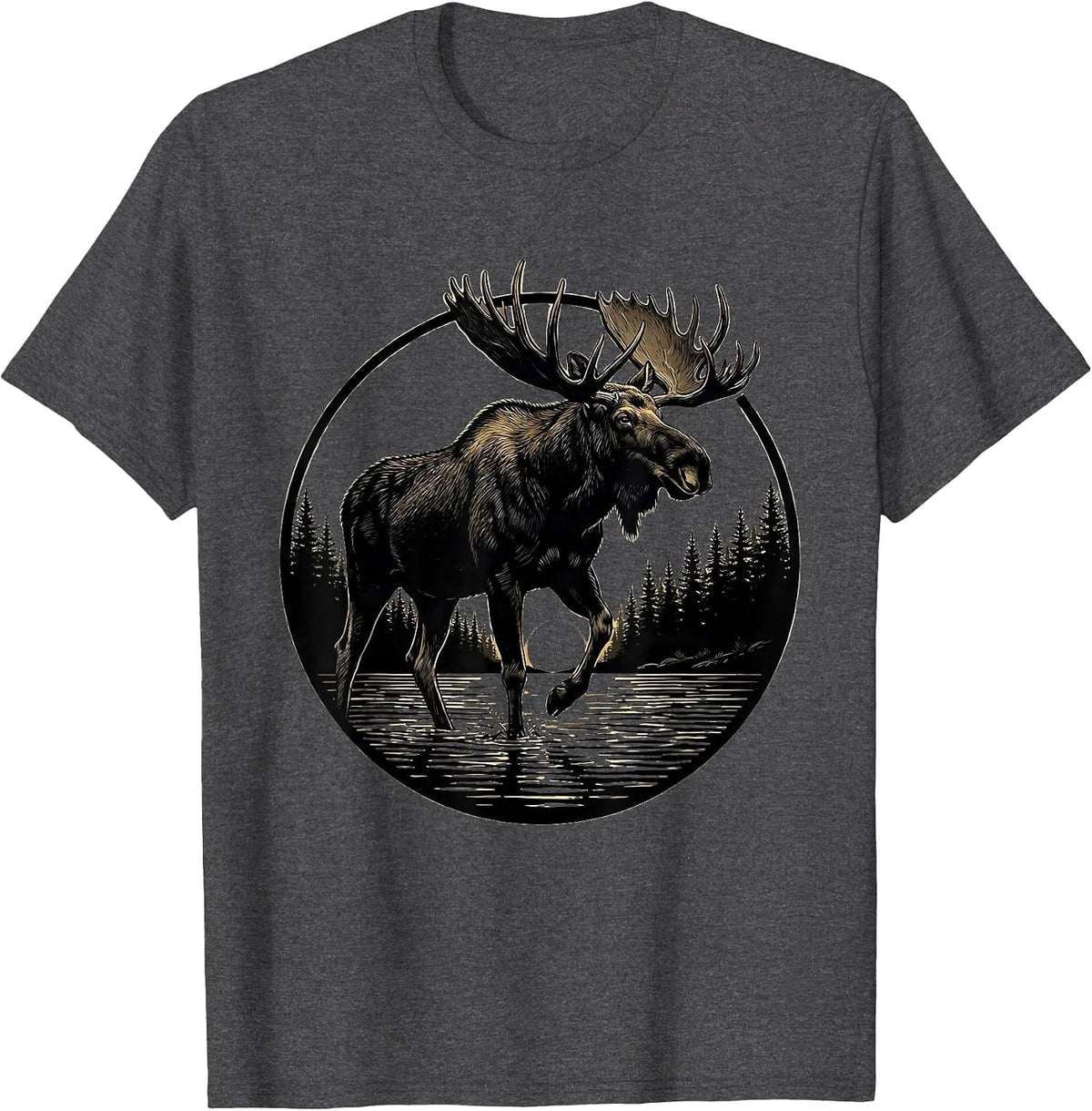 Moose Wading Through a Misty Morning River T-Shirt - Dark Heather Grey