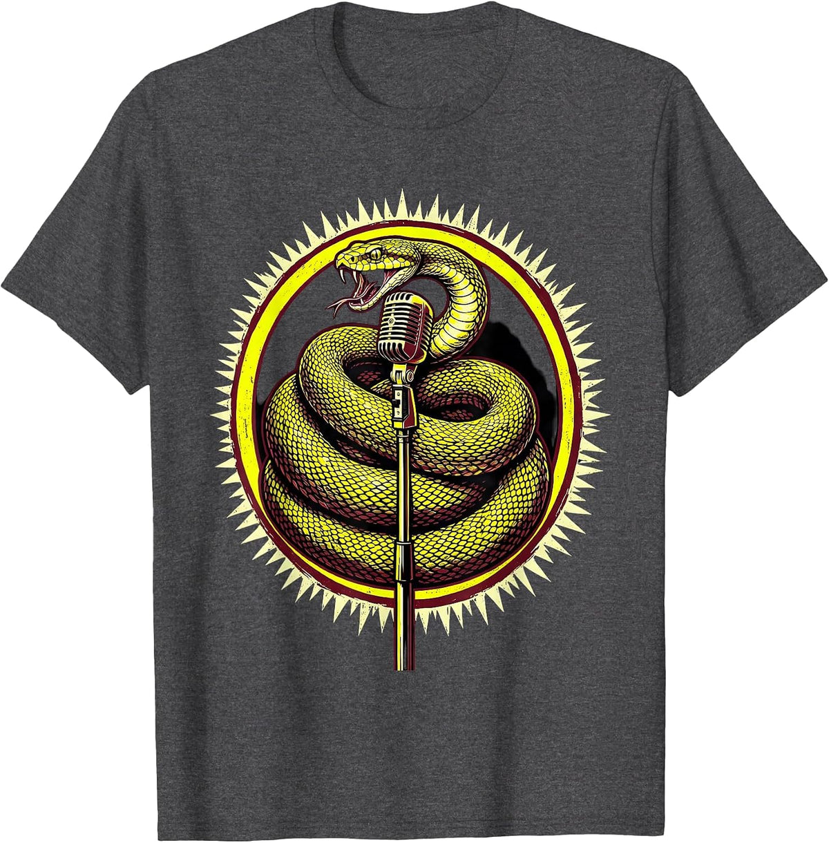 Punk Rock Snake Coiled Microphone Stand Graphic T-Shirt - Dark Heather Grey