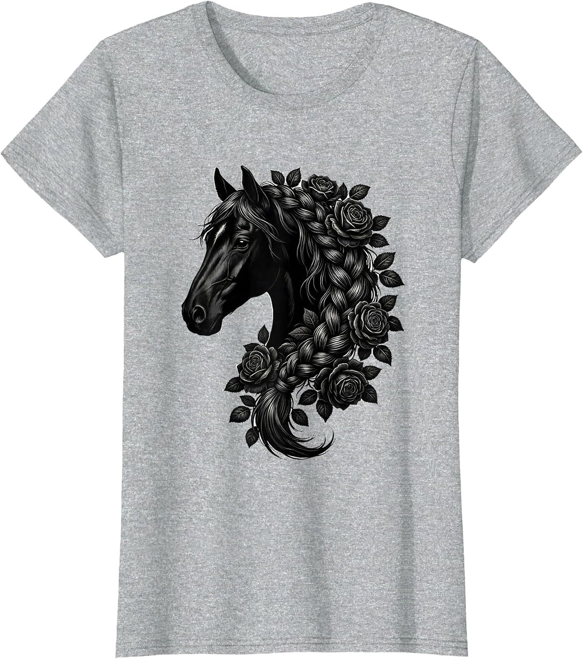 Women's Horse Mane Braided With Wild Roses Graphic T-Shirt - Heather Grey