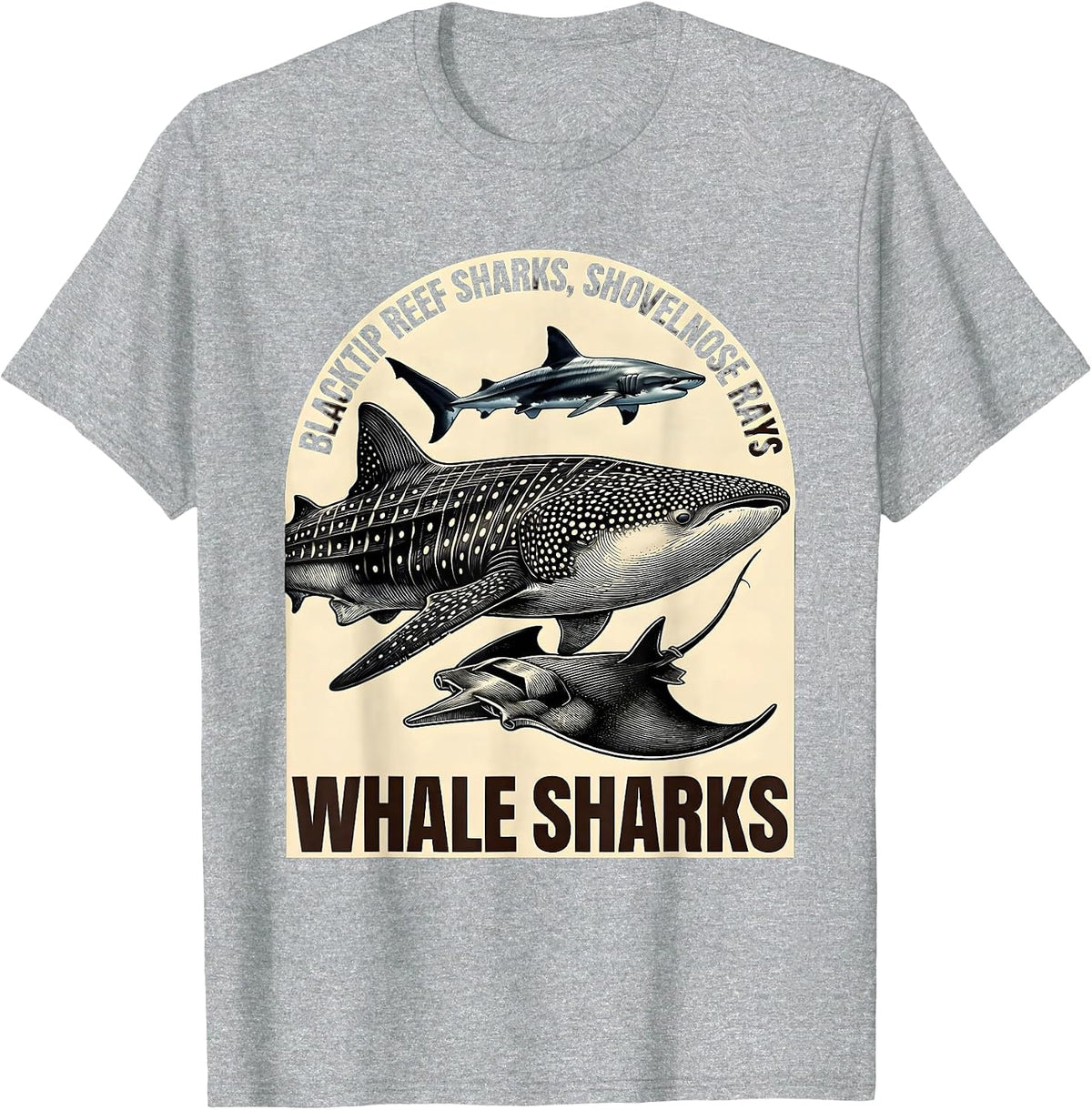 Men's Blacktip Reef Sharks, Shovelnose Rays, Whale Sharks Humor T-Shirt - Heather Grey