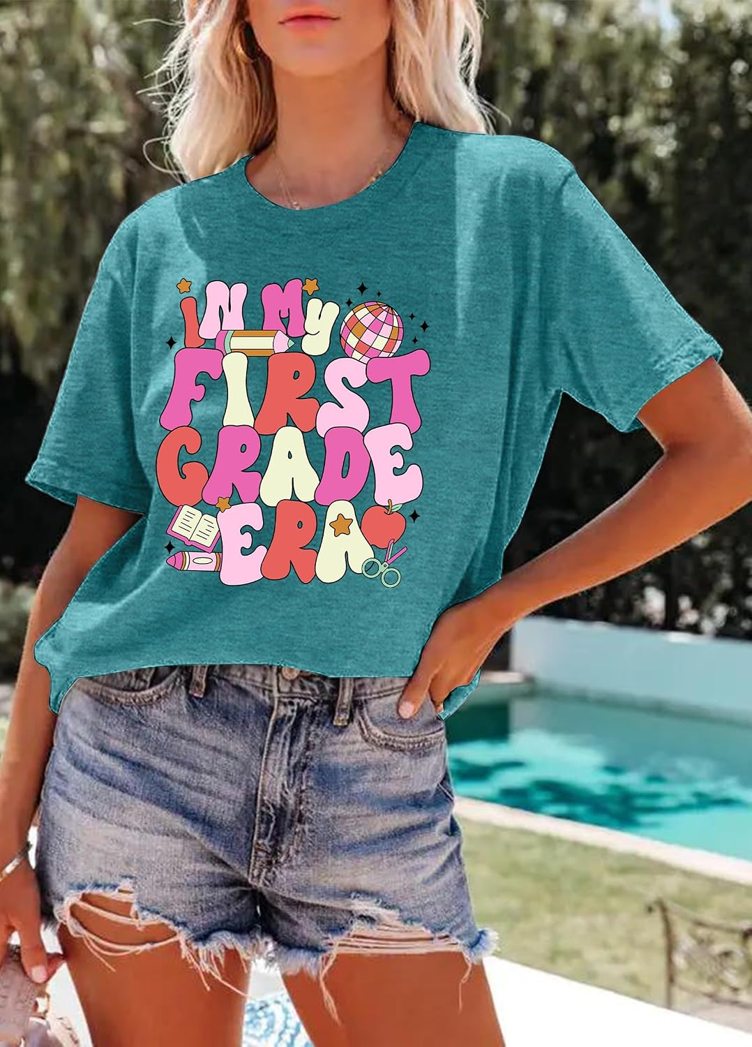 Teacher Shirts for Womens in My Teacher Era T-Shirt School Life Tees Teaching Gifts Shirt Graphic Casual Tops - size chart