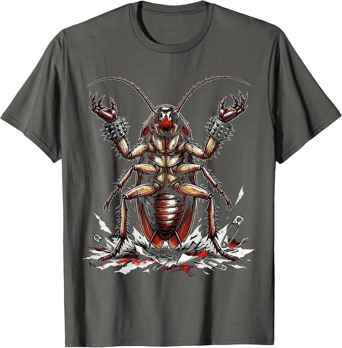 Punk Cockroach Studded Wristbands Graphic T-Shirt - Asphalt Grey