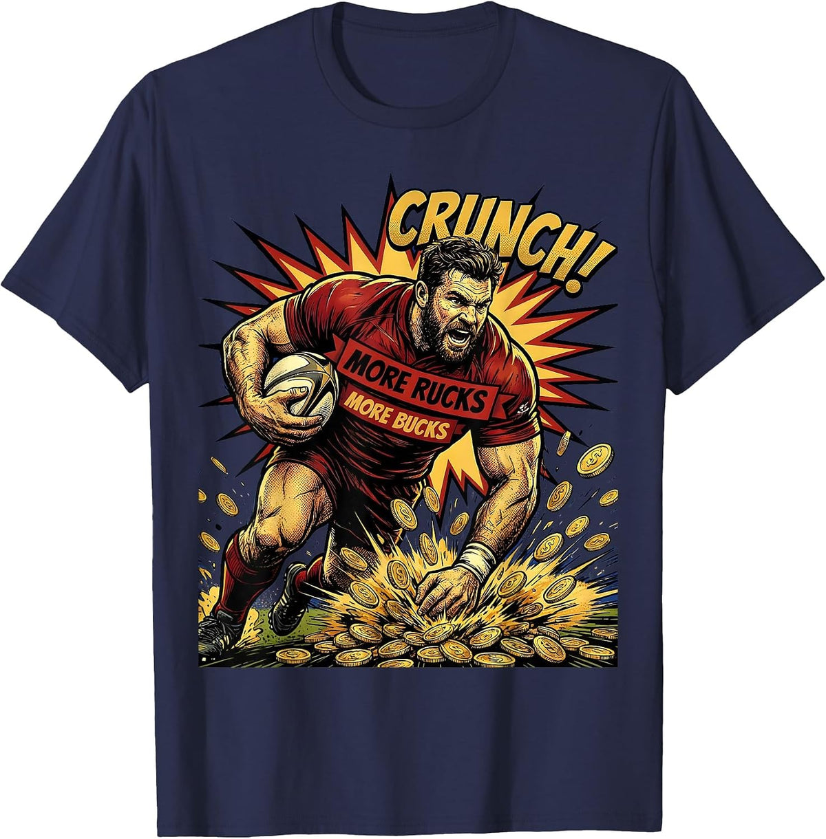 More Rucks More Bucks Rugby Graphic Design T-Shirt - Navy Blue