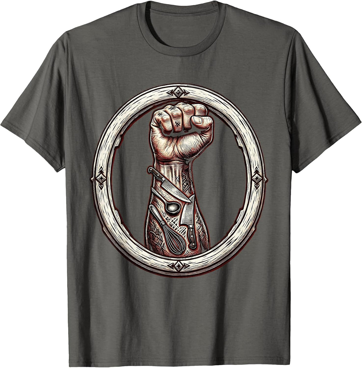 Tattooed Chef Arm Kitchen Utensils Graphic T-Shirt - Asphalt Grey