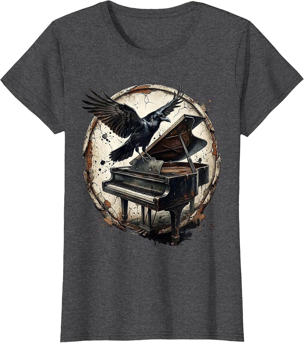 Women's Raven on Grand Piano Gothic Music Art T-Shirt - Dark Heather Grey