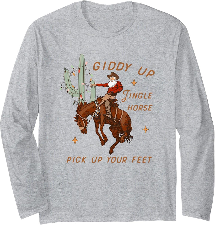 Giddy Up Jingle Horse Pick Up Your Feet, Cowboy Santa Long Sleeve T-Shirt - Adult Unisex Heather Grey