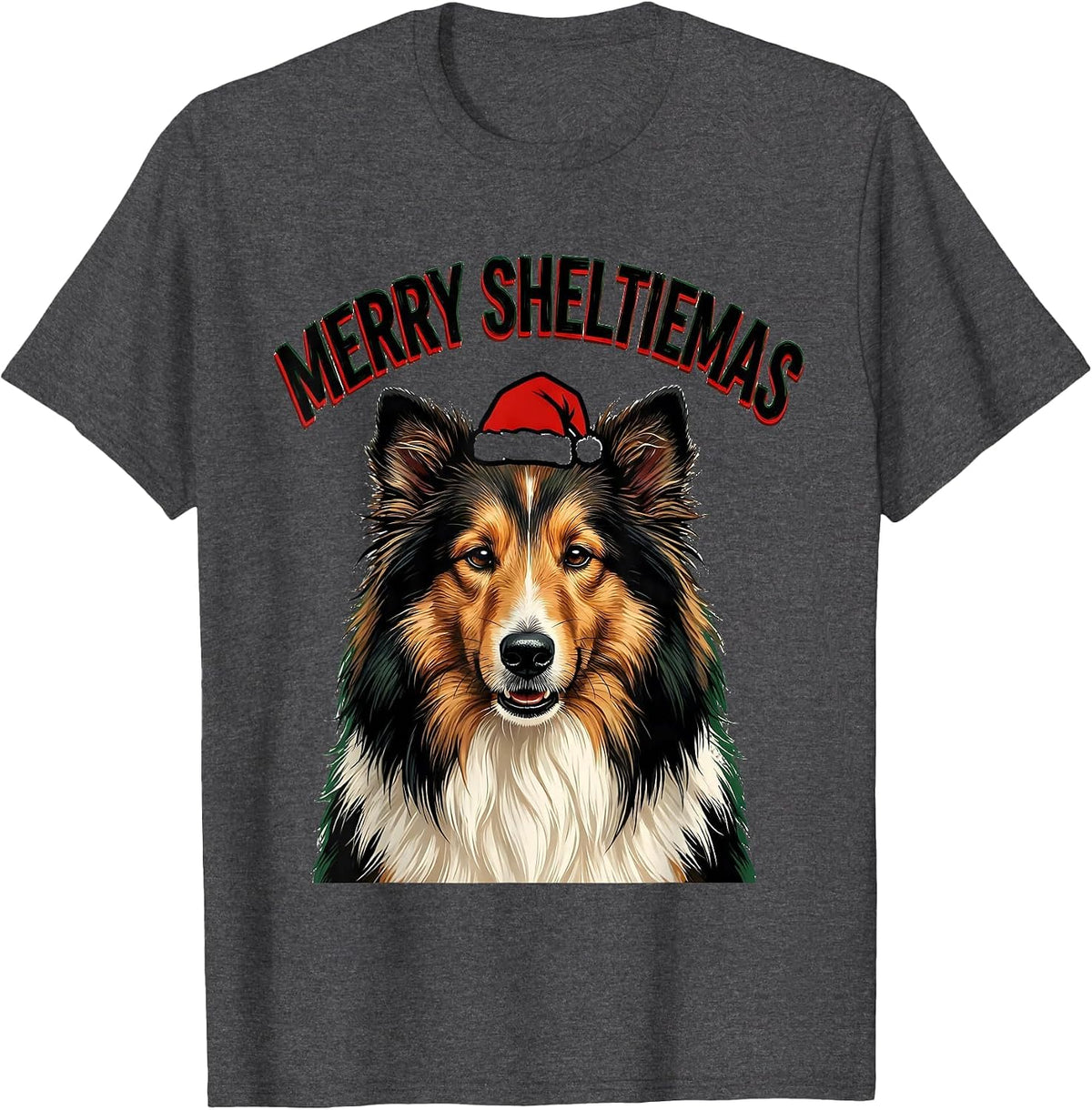 Merry Sheltiemas Funny Shetland Sheepdog Christmas Dog Breed T-Shirt - Dark Heather Grey