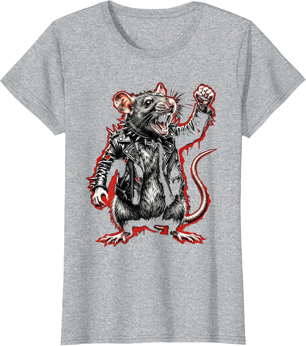 Punk Rat in Leather Jacket Graphic Tee T-Shirt - Heather Grey
