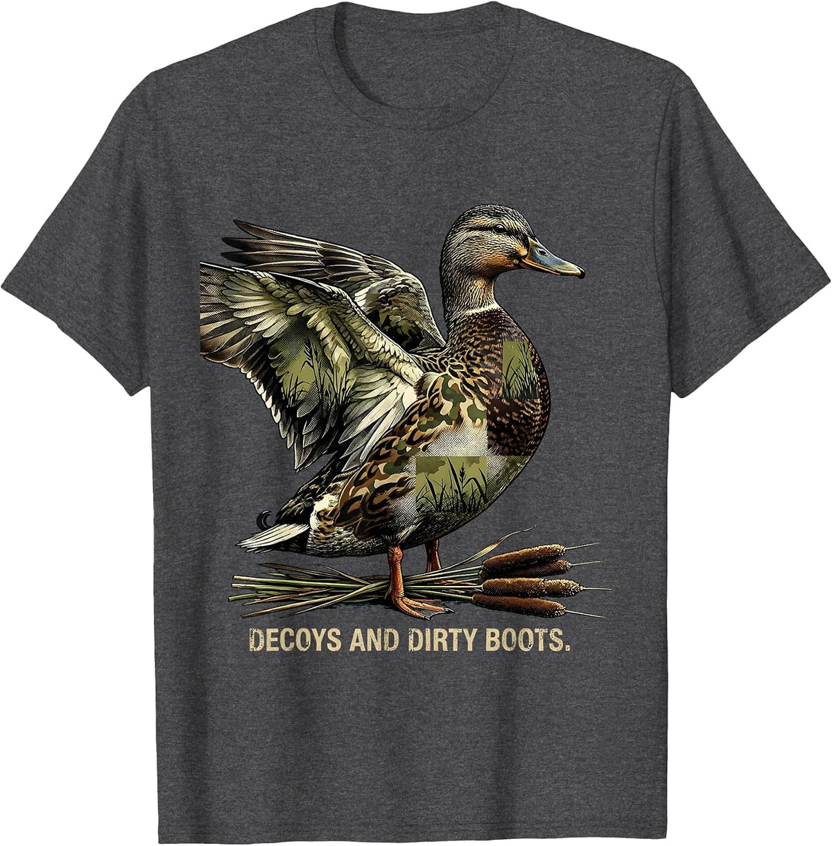 Decoys and Dirty Boots Duck Camo Hunting Design T-Shirt - Dark Heather Grey