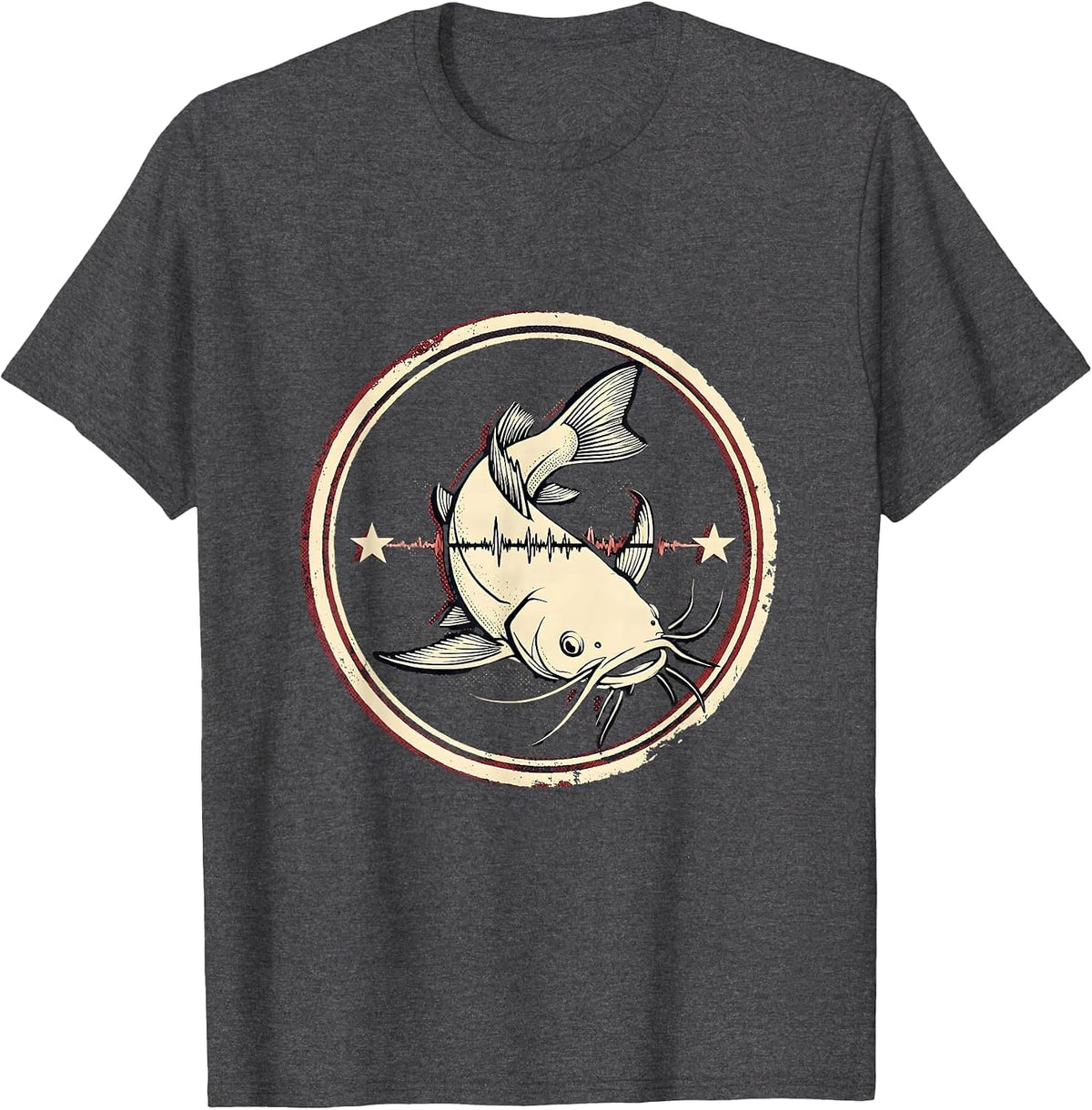 Men's Broad Channel Catfish Emblem Angler Fishing Enthusiast T-Shirt - Dark Heather Grey