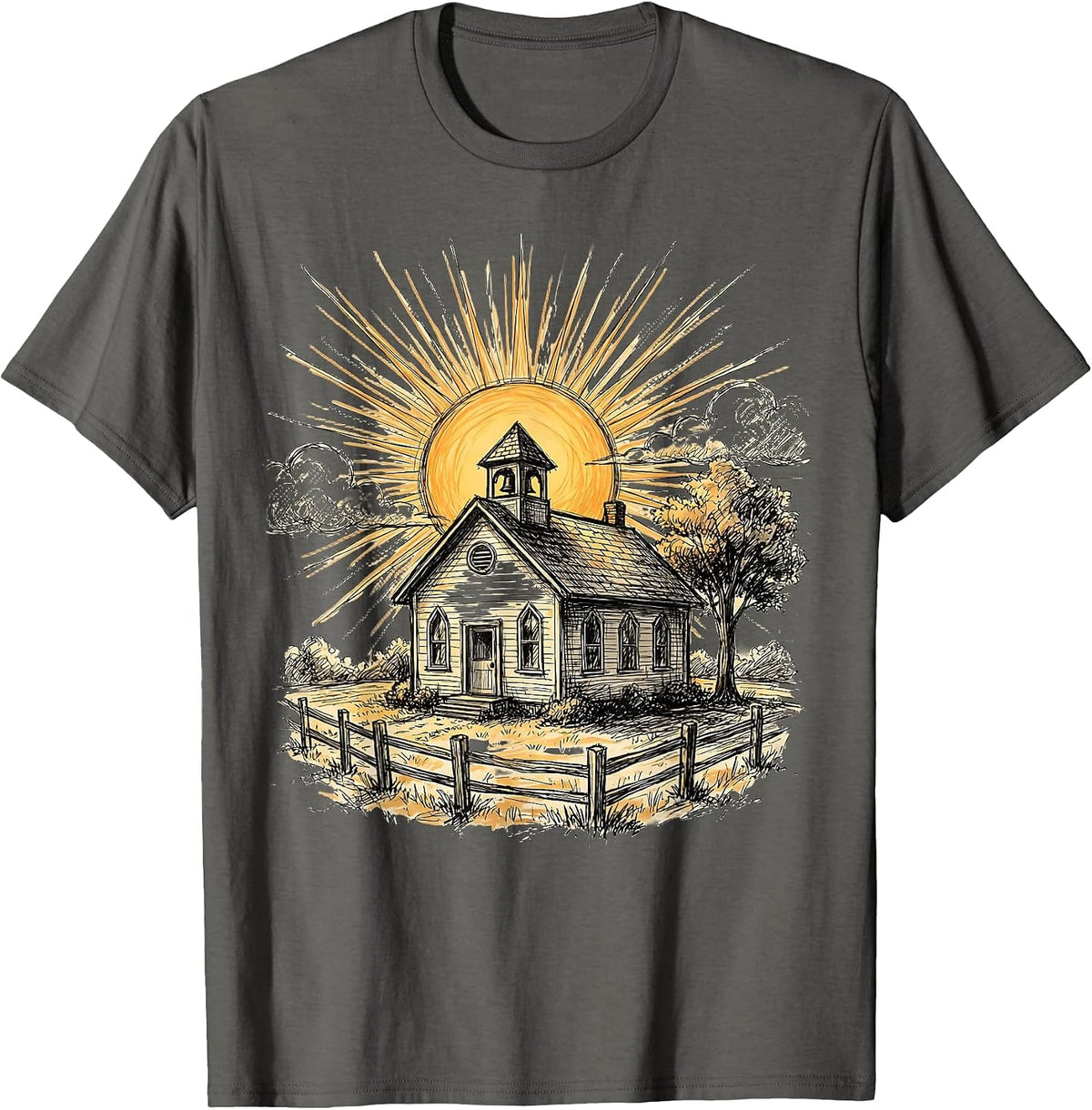 5th Grade Teacher Schoolhouse Sunrise Design T-Shirt - Asphalt Grey
