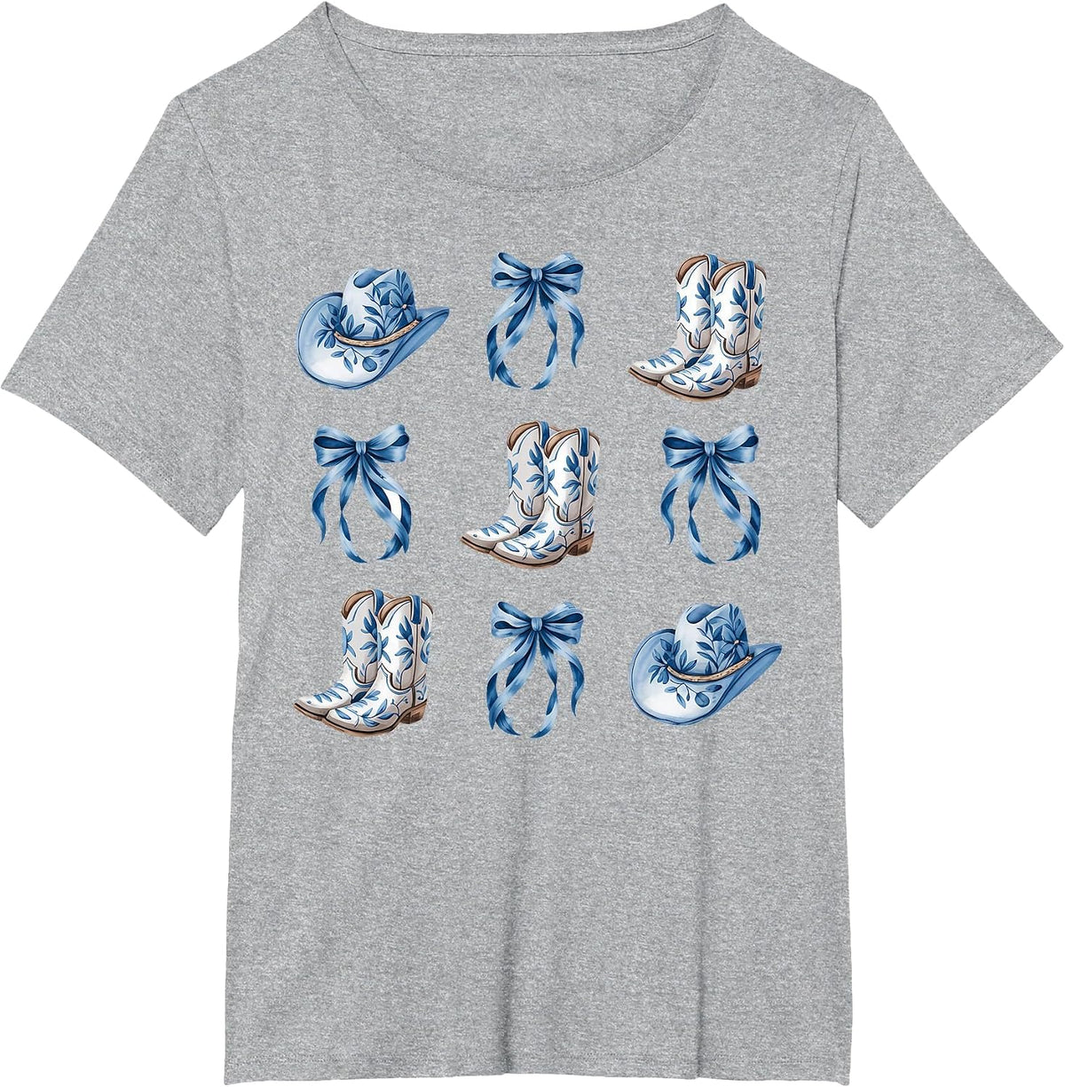 Blue Coquette Cowgirl Bows Boots Cowboy Hat Western T-Shirt - Heather Grey