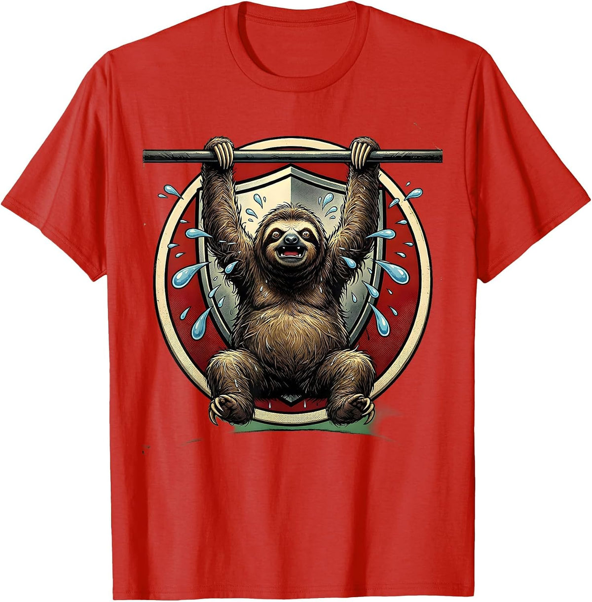 Men's Sloth Pull-Up Bar Funny Workout Graphic T-Shirt - Red