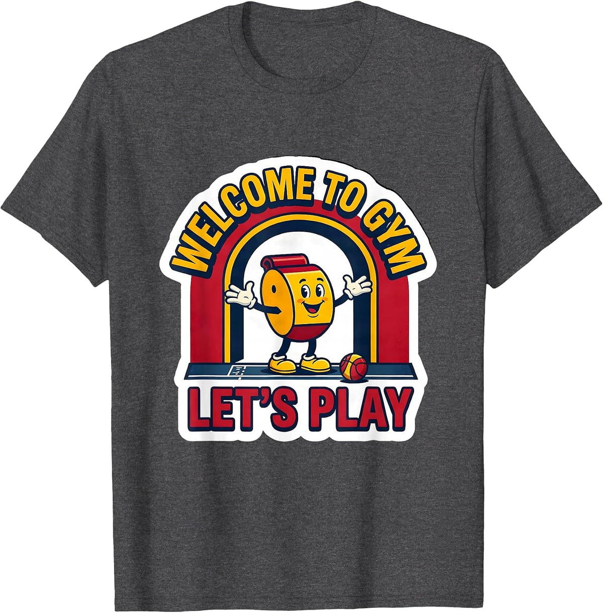 Men's Welcome To Gym Let's Play Funny PE Teacher Back To School T-Shirt - Dark Heather Grey