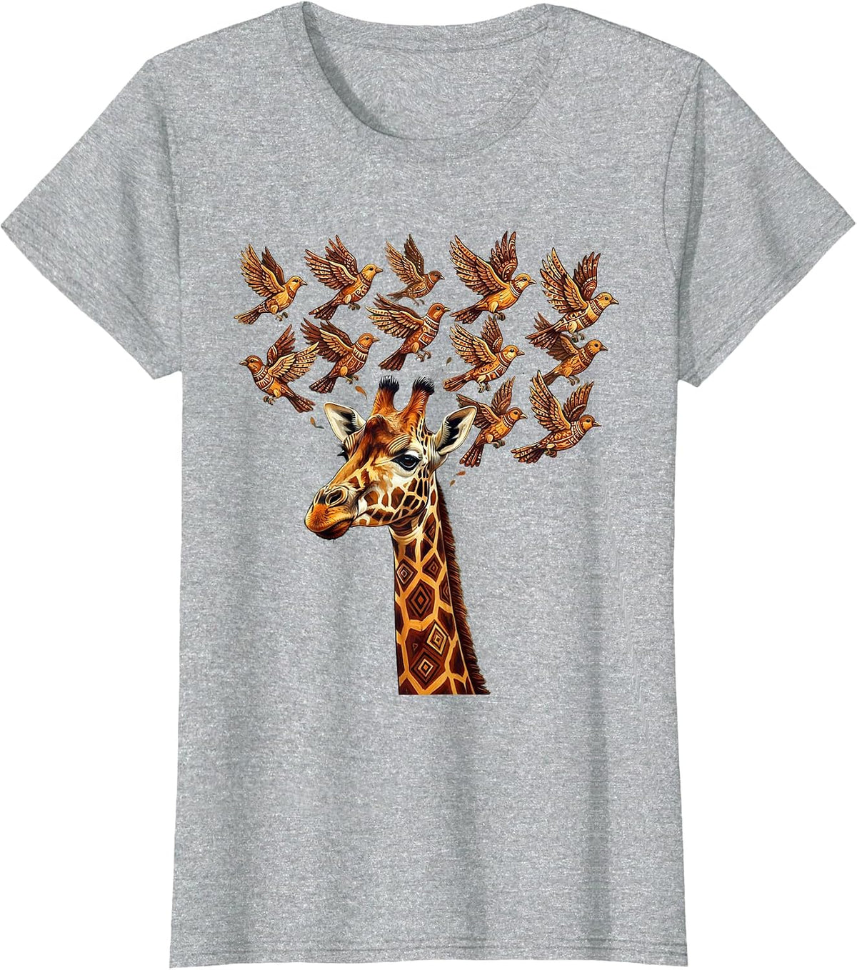 Giraffe Dissolving Into Flying Birds Illustration T-Shirt - Heather Grey