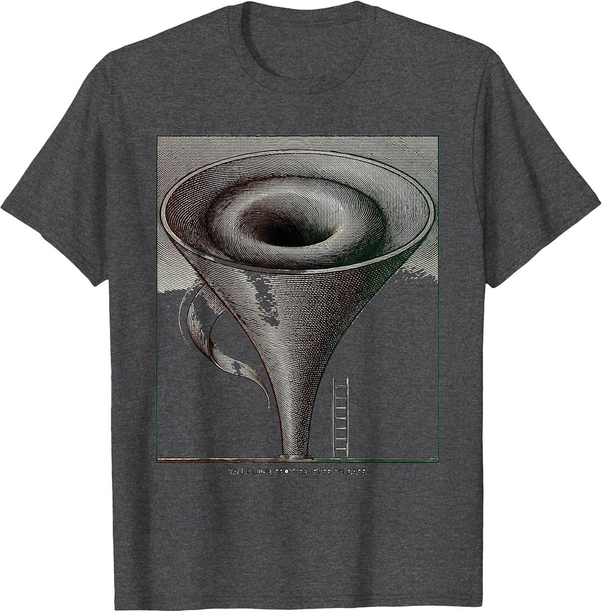 Men's Tail Cloud Spotted Eyes On Base Crosshatch Tornado Chaser T-Shirt - Dark Heather Grey