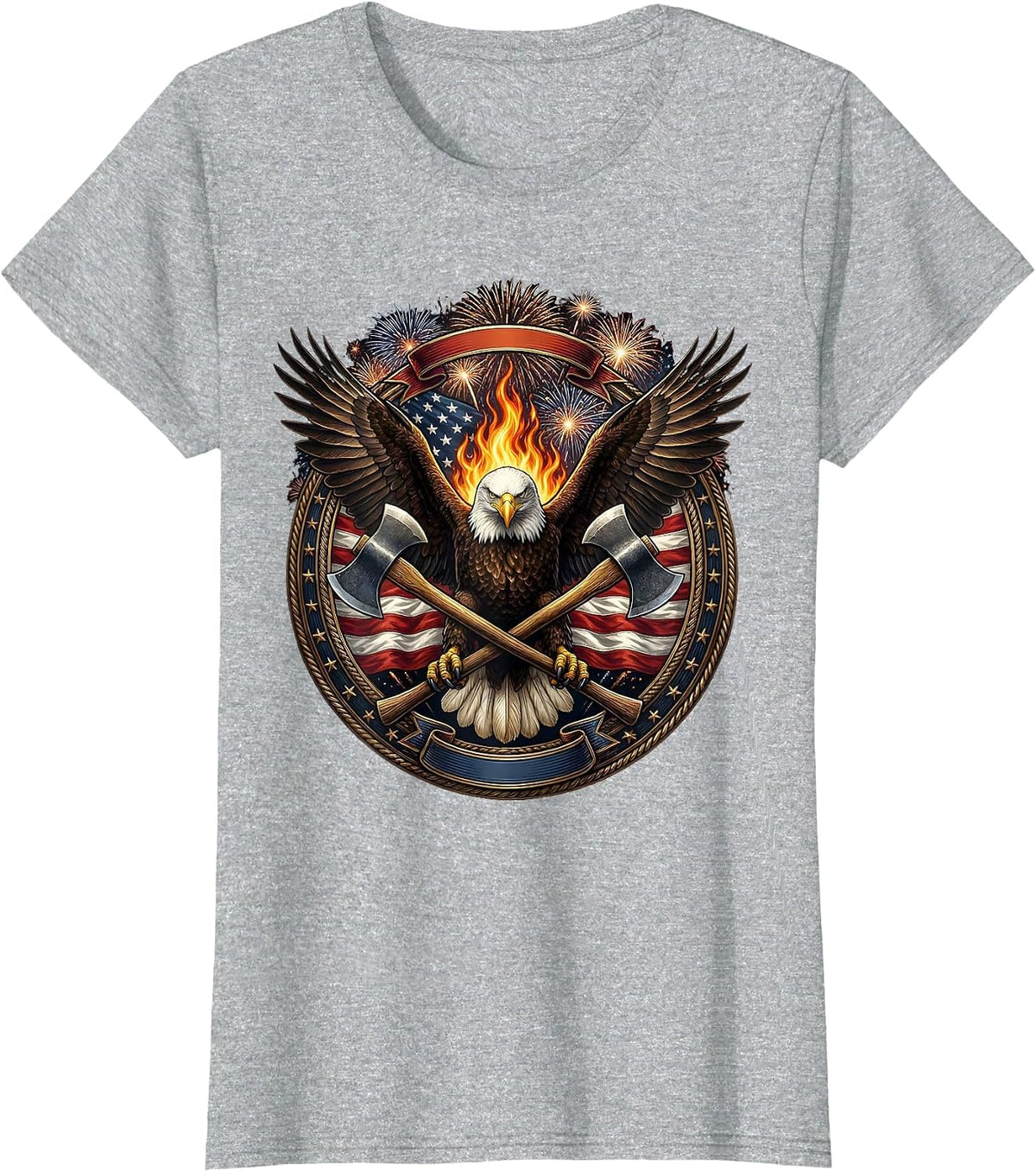Crossed Axes Over Flame Firefighter Graphic T-Shirt - Heather Grey