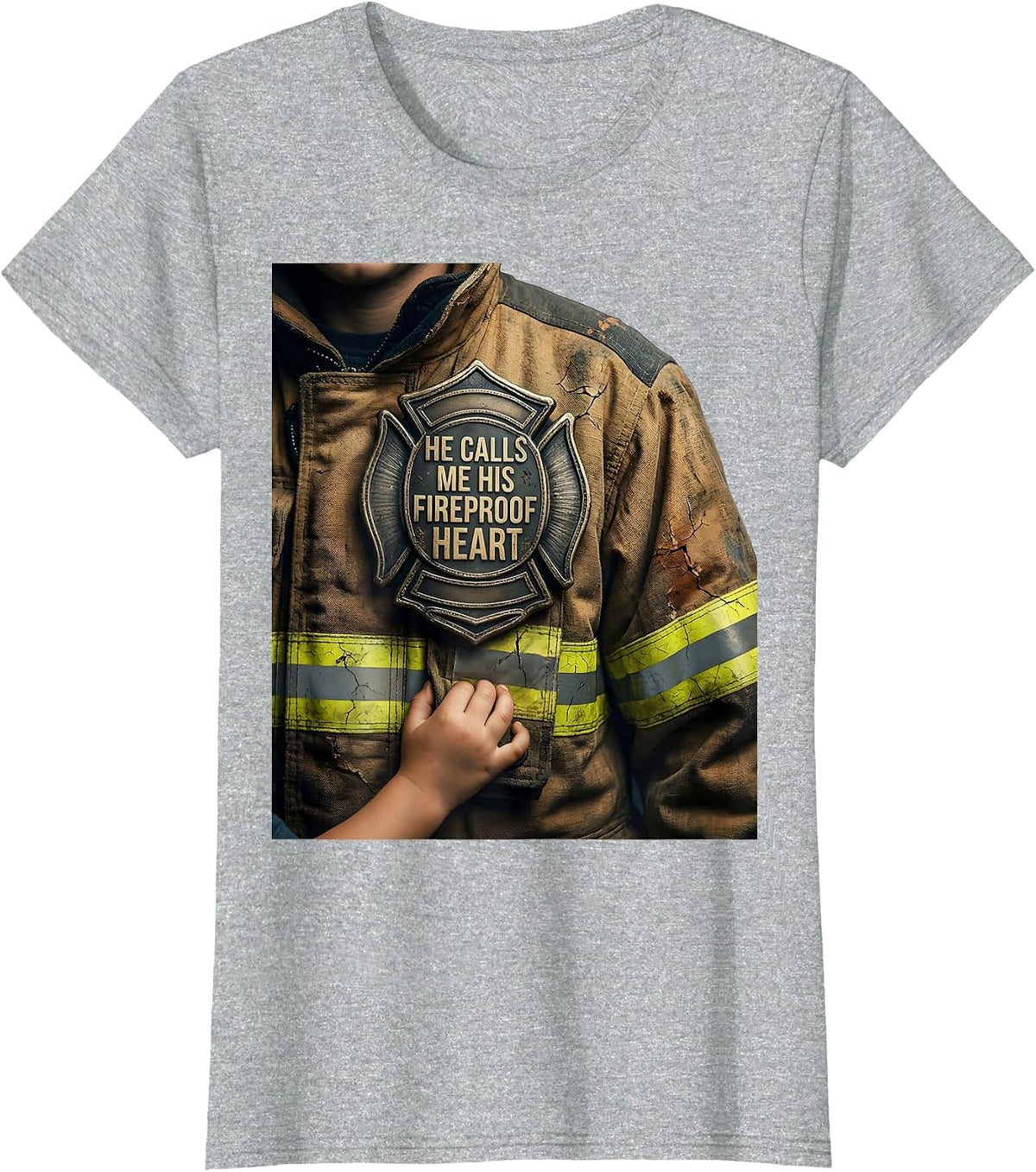 He Calls Me His Fireproof Heart Distressed Firefighter T-Shirt - Heather Grey