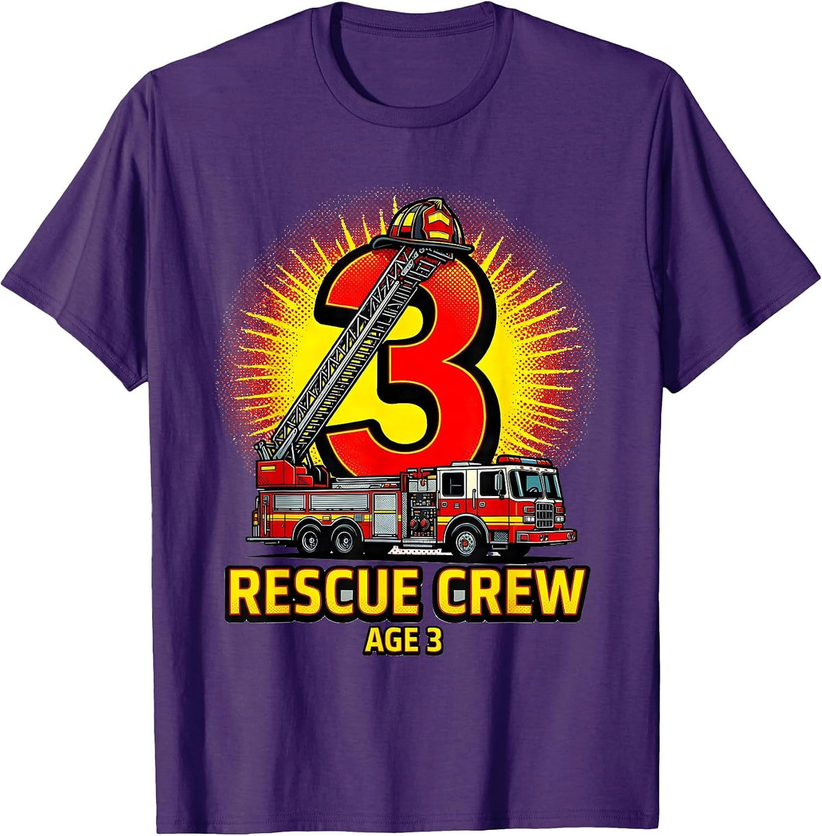 Rescue Crew Age 3 Pop Art Fire Truck Toddler Firefighter T-Shirt - Purple