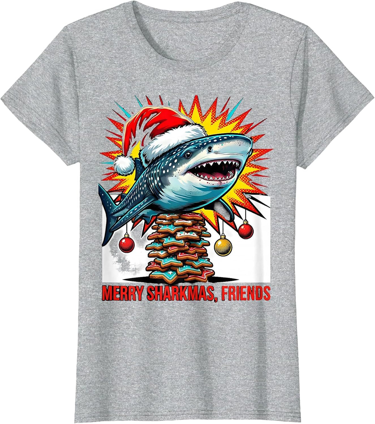 Merry Sharkmas Friends Pop Art Shark Pun Christmas T-Shirt - Heather Grey
