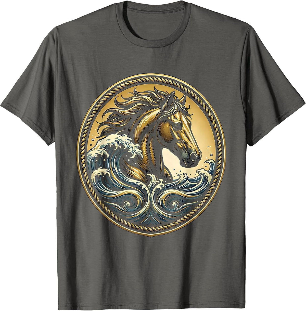 Horse Head Rising from Ocean Waves Graphic T-Shirt - Asphalt Grey