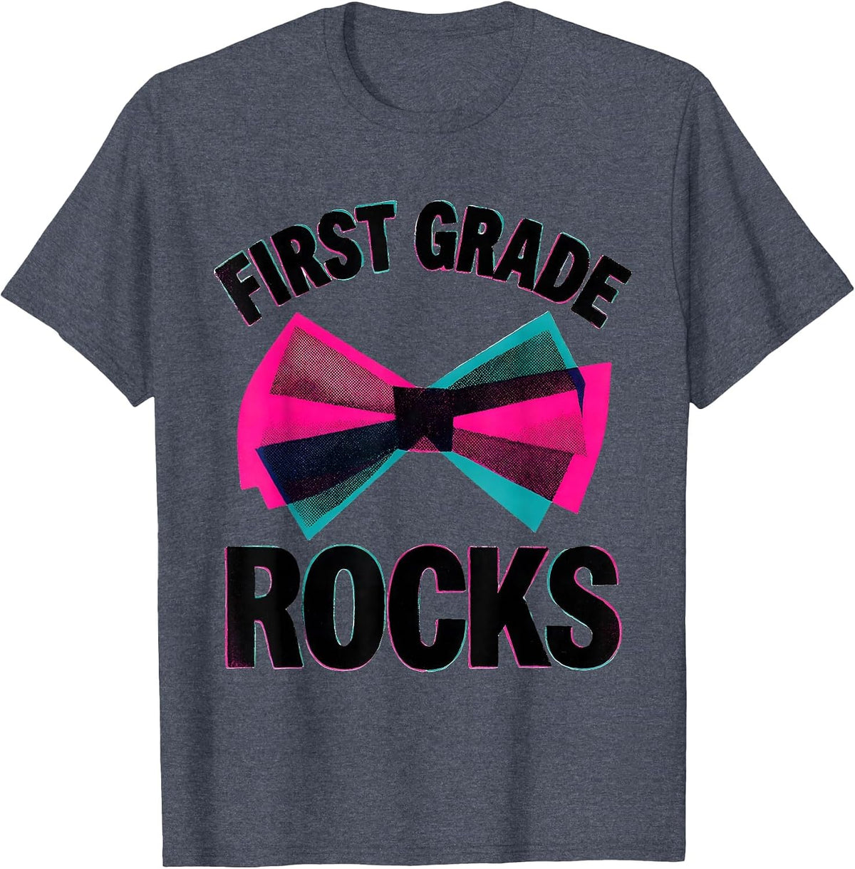 First Grade Rocks Risograph Coquette Bow Back to School T-Shirt - Heather Blue