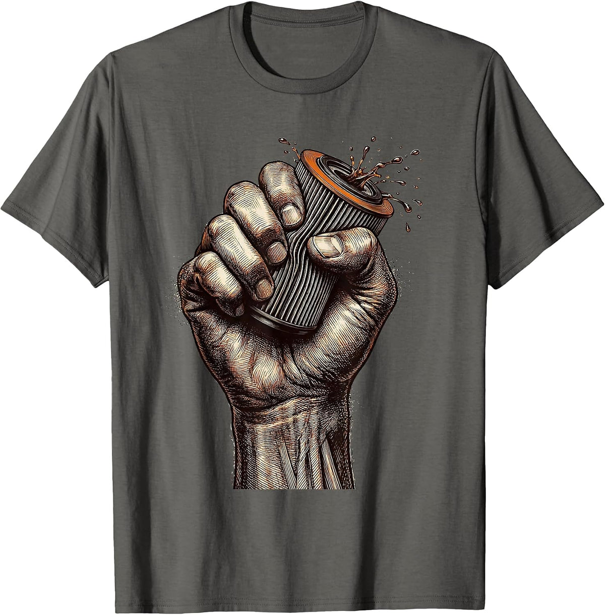 Crushed Oil Filter Iron Grip Mechanic Graphic T-Shirt - Asphalt Grey