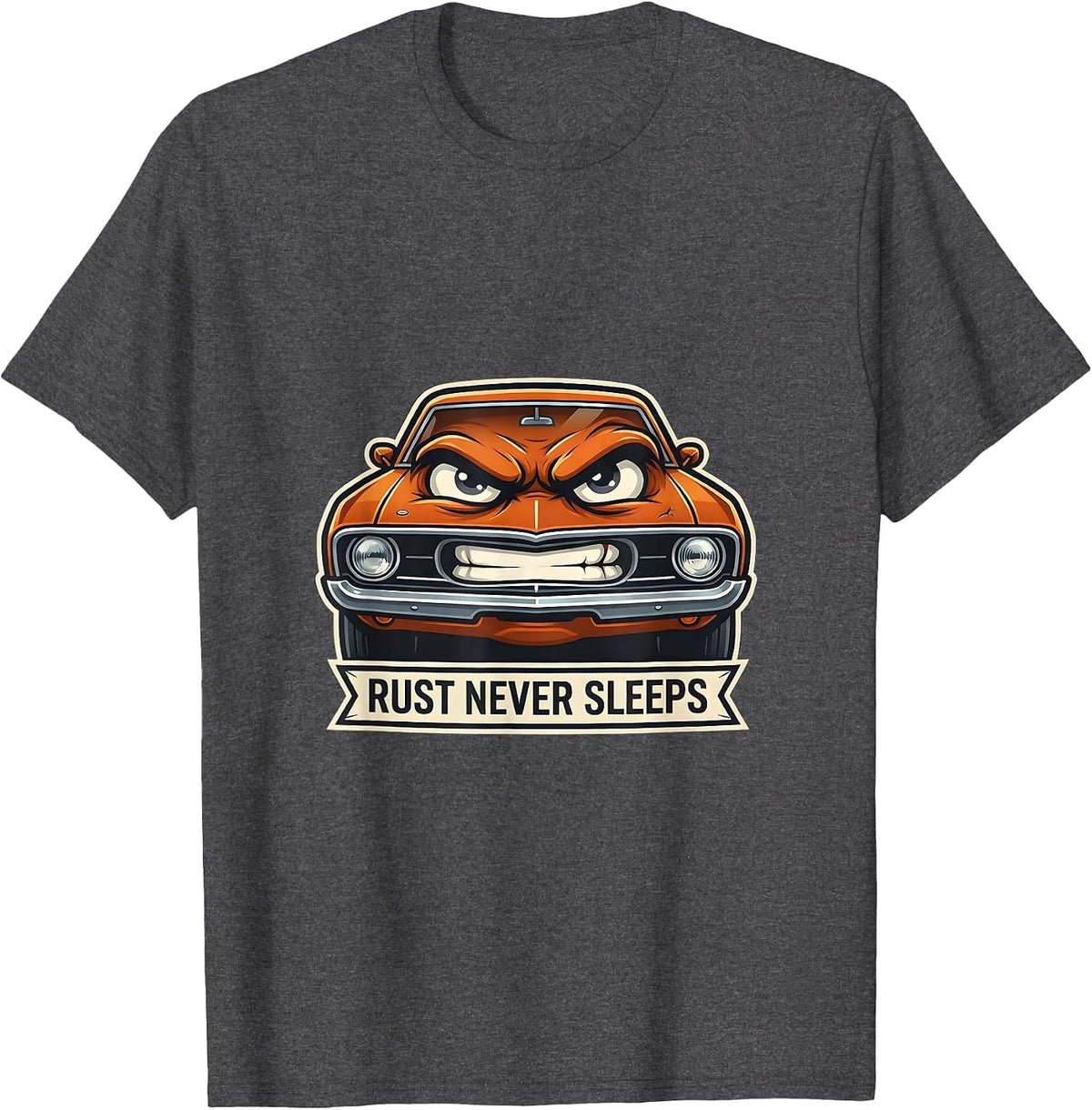 Men's Rust Never Sleeps Classic Car Enthusiast Design T-Shirt - Dark Heather Grey
