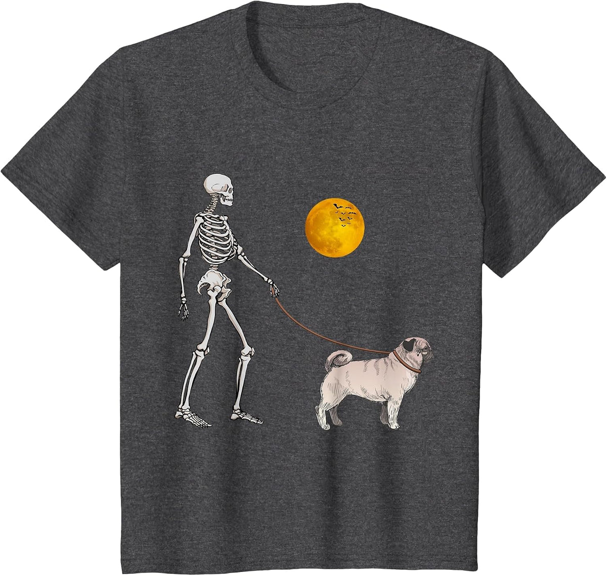 Pug Skeleton Dog Walking Halloween Costume T-Shirt - Dark Heather Grey