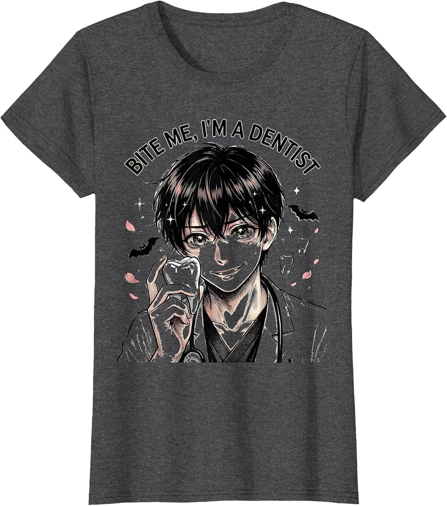 Women's Bite Me I'm a Dentist Halloween Design T-Shirt - Dark Heather Grey