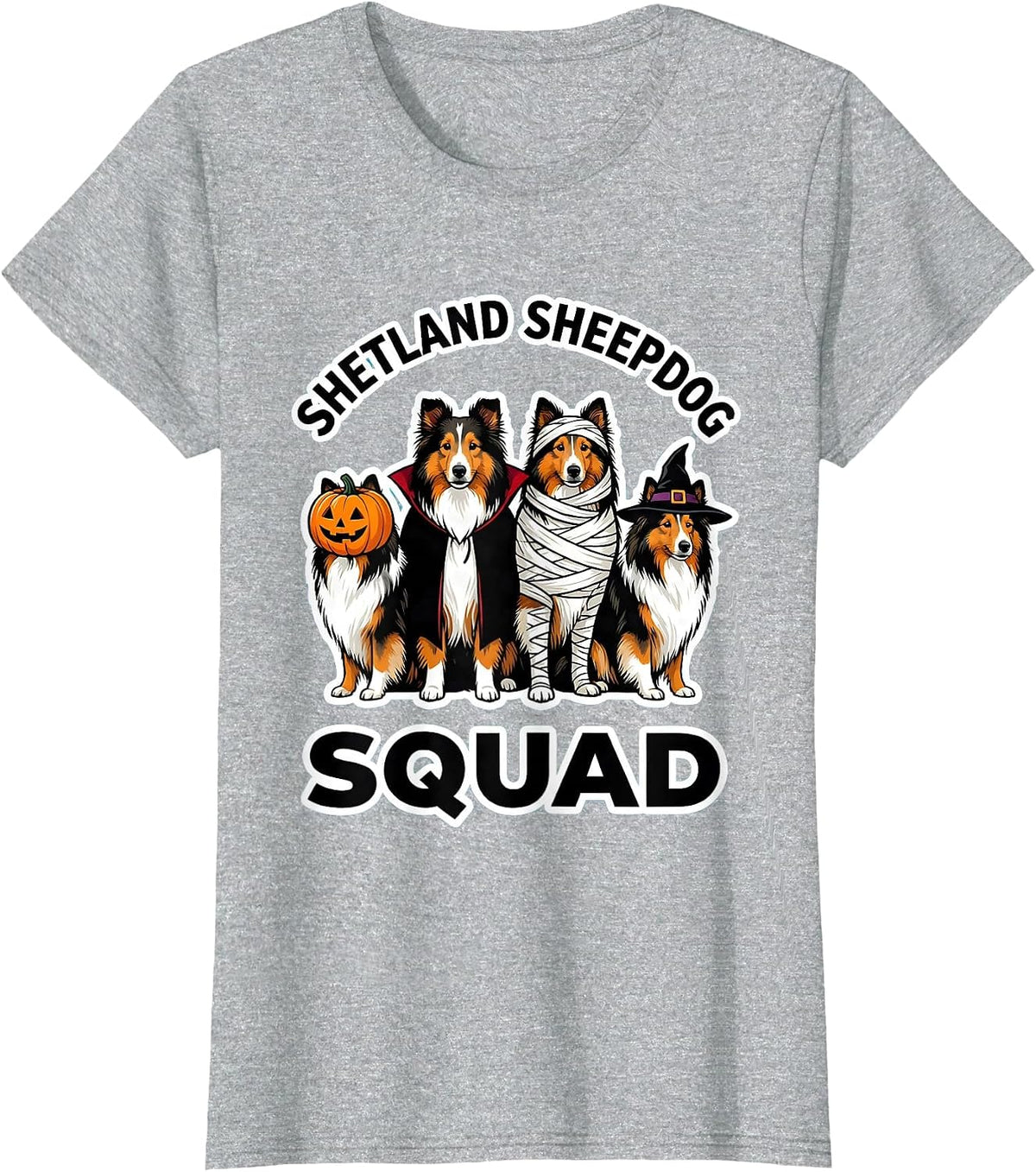 Shetland Sheepdog Squad Halloween Pumpkin Vampire Mummy T-Shirt - Heather Grey