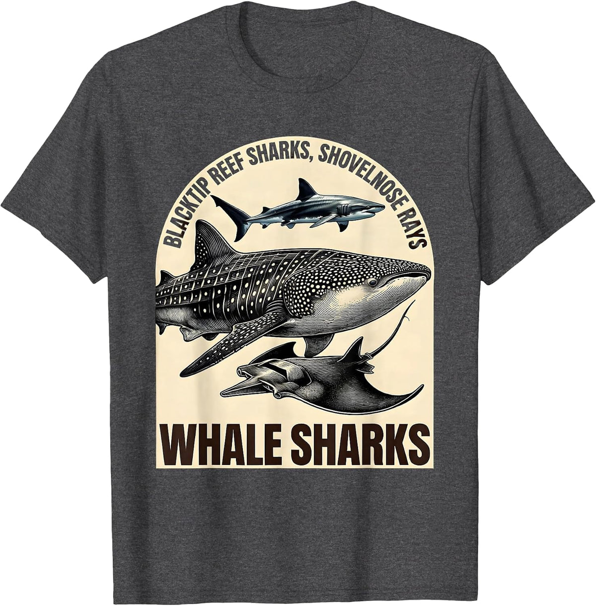 Men's Blacktip Reef Sharks, Shovelnose Rays, Whale Sharks Humor T-Shirt - Dark Heather Grey