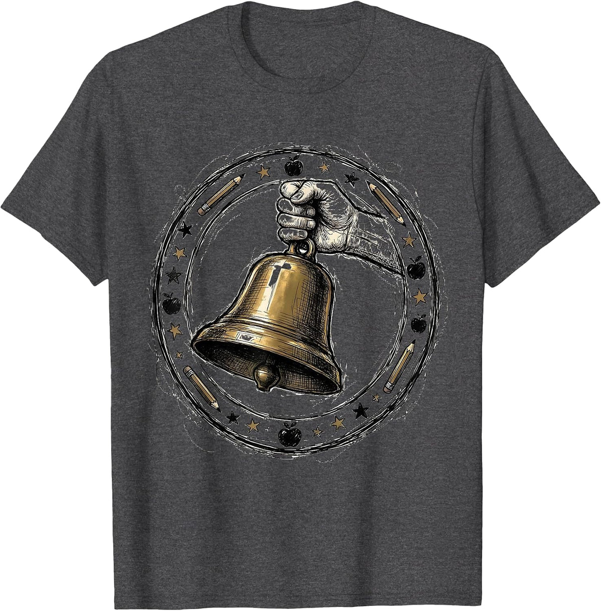 Kindergarten Teacher Ringing School Bell Graphic T-Shirt - Dark Heather Grey