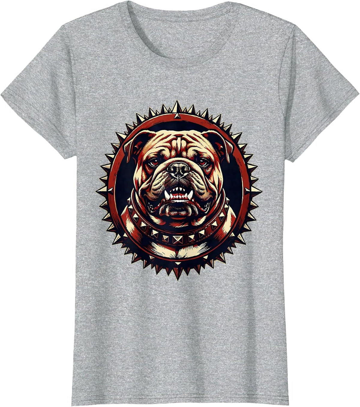 Punk Bulldog Studded Collar Graphic Design T-Shirt - Heather Grey