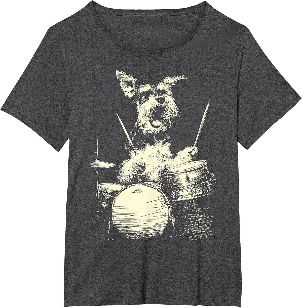 Cute Schnauzer Playing Drums Funny Music Dog Drummer Graphic T-Shirt - Dark Heather Grey