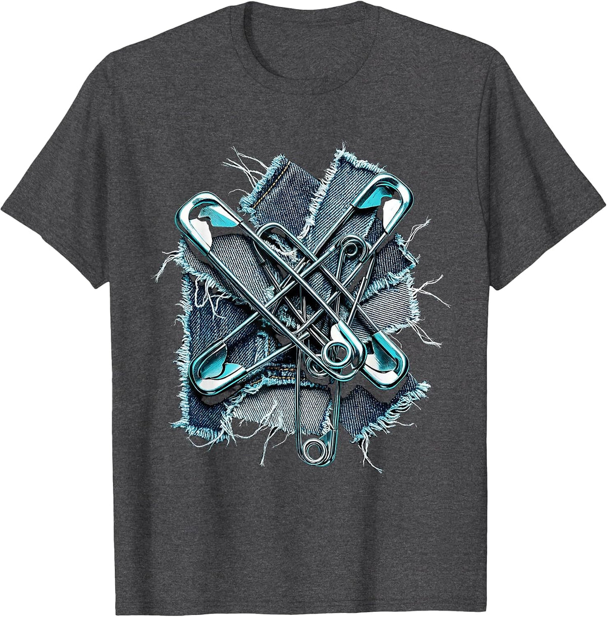 Punk Safety Pin Torn Denim Graphic Tee T-Shirt - Dark Heather Grey