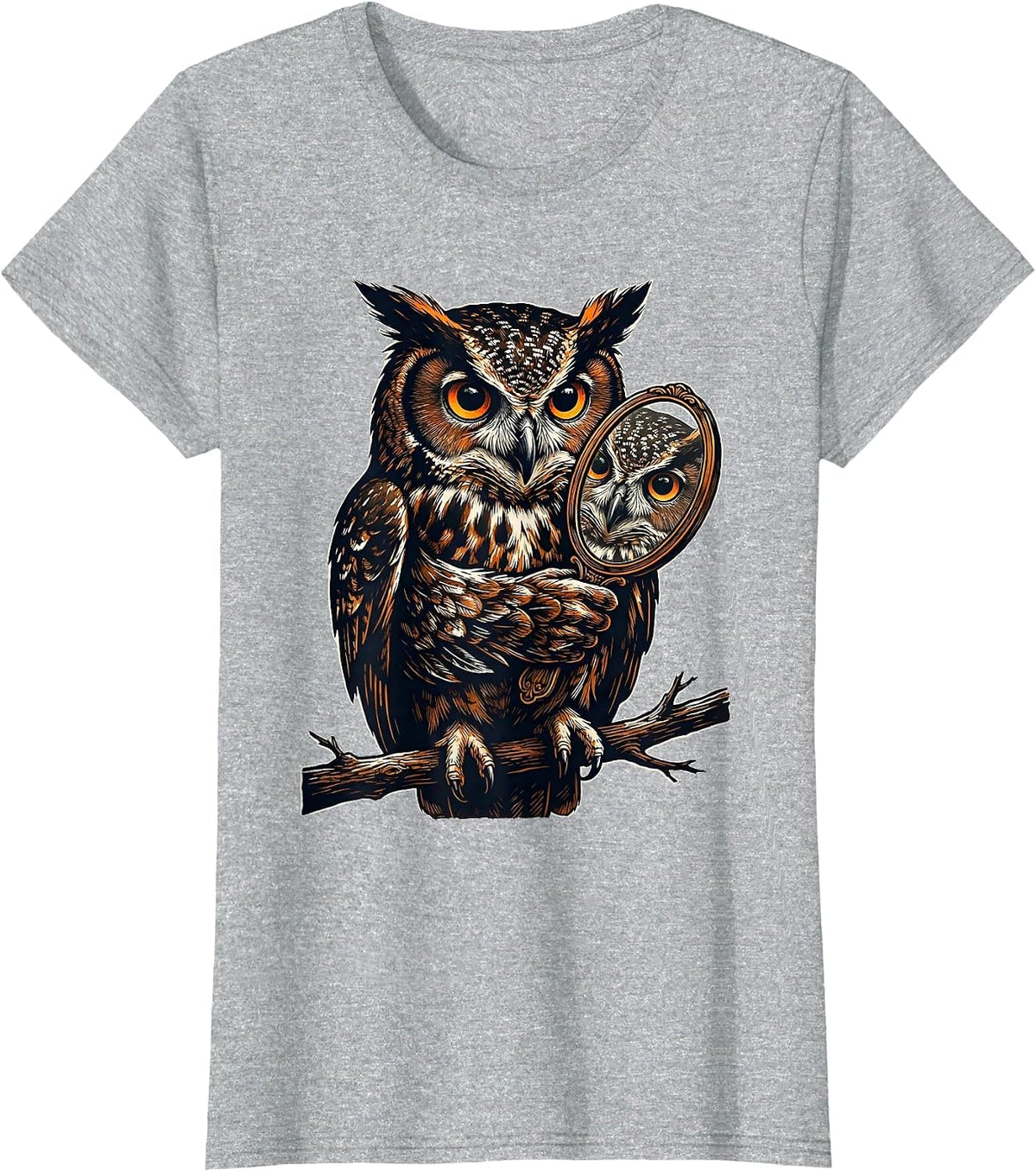 Owl Mirror Linocut Retro Nature Lover Gift T-Shirt - Heather Grey