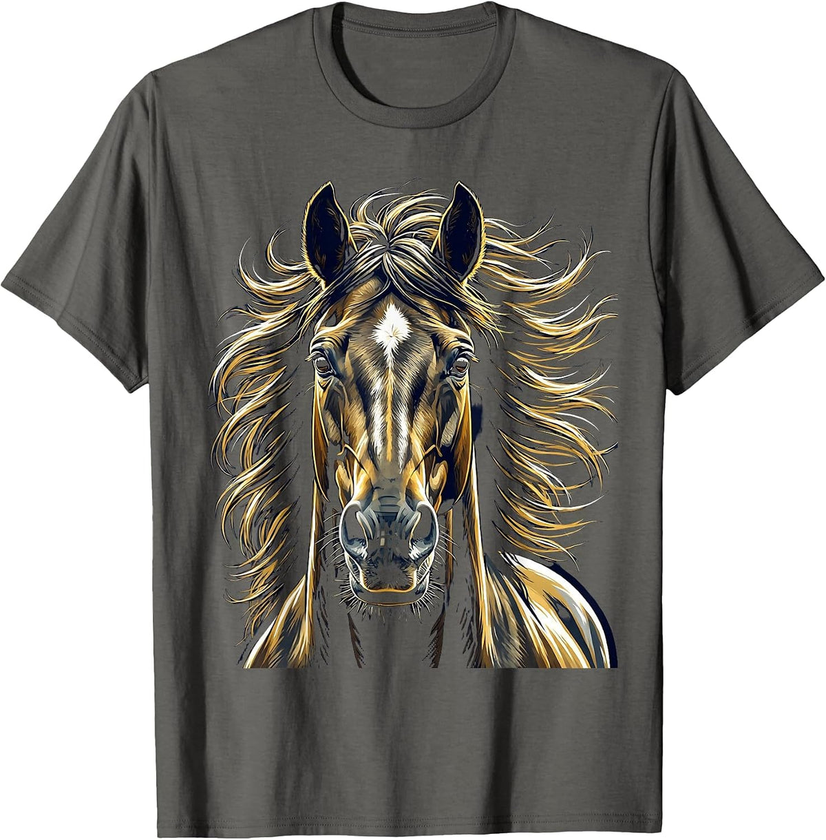 Horse Head Portrait Windswept Mane Equestrian Art T-Shirt - Asphalt Grey