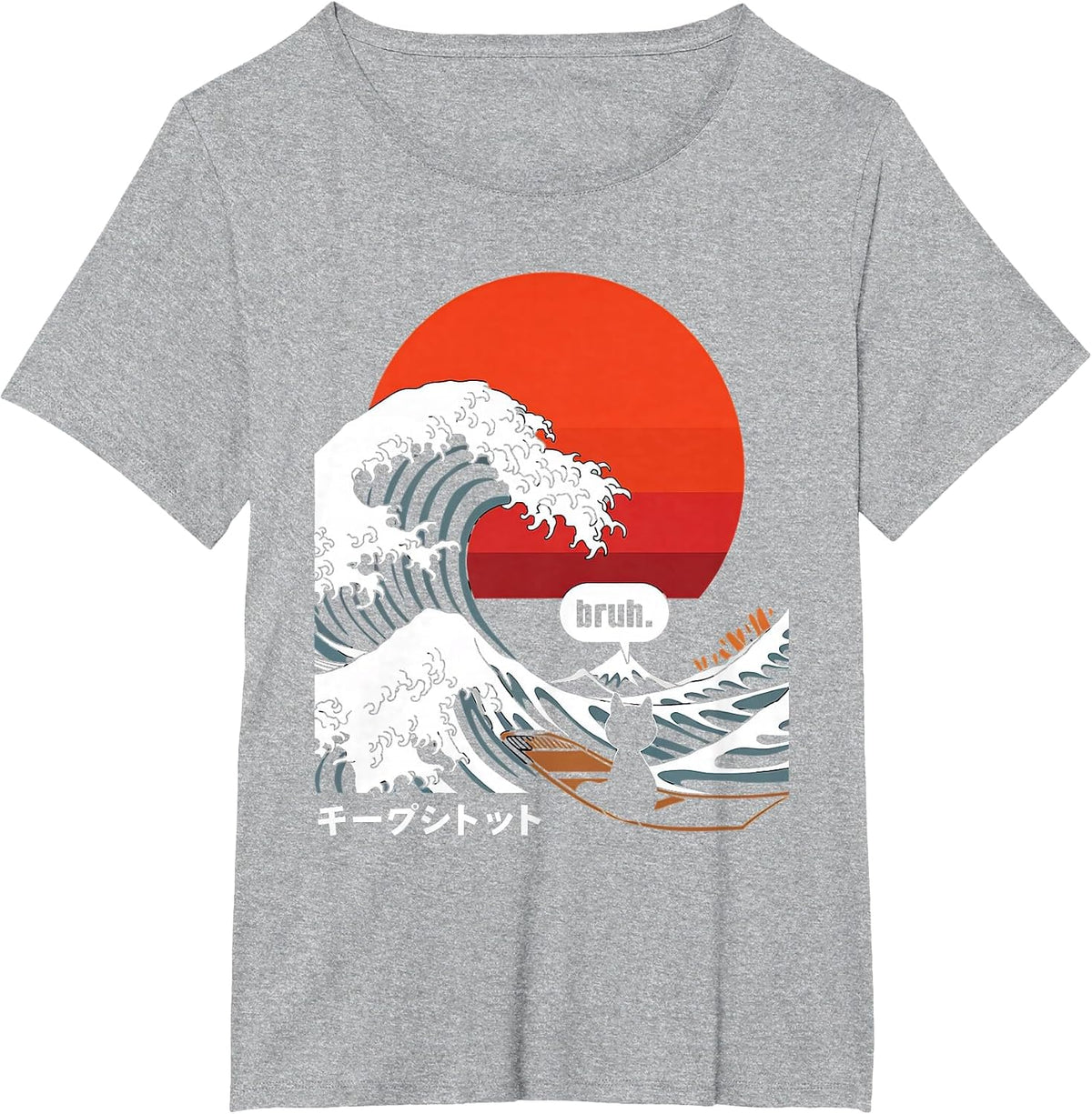 Japanese Surfing Cat Tshirt Bruh. The Great Wave Kanagawa T-Shirt - Heather Grey