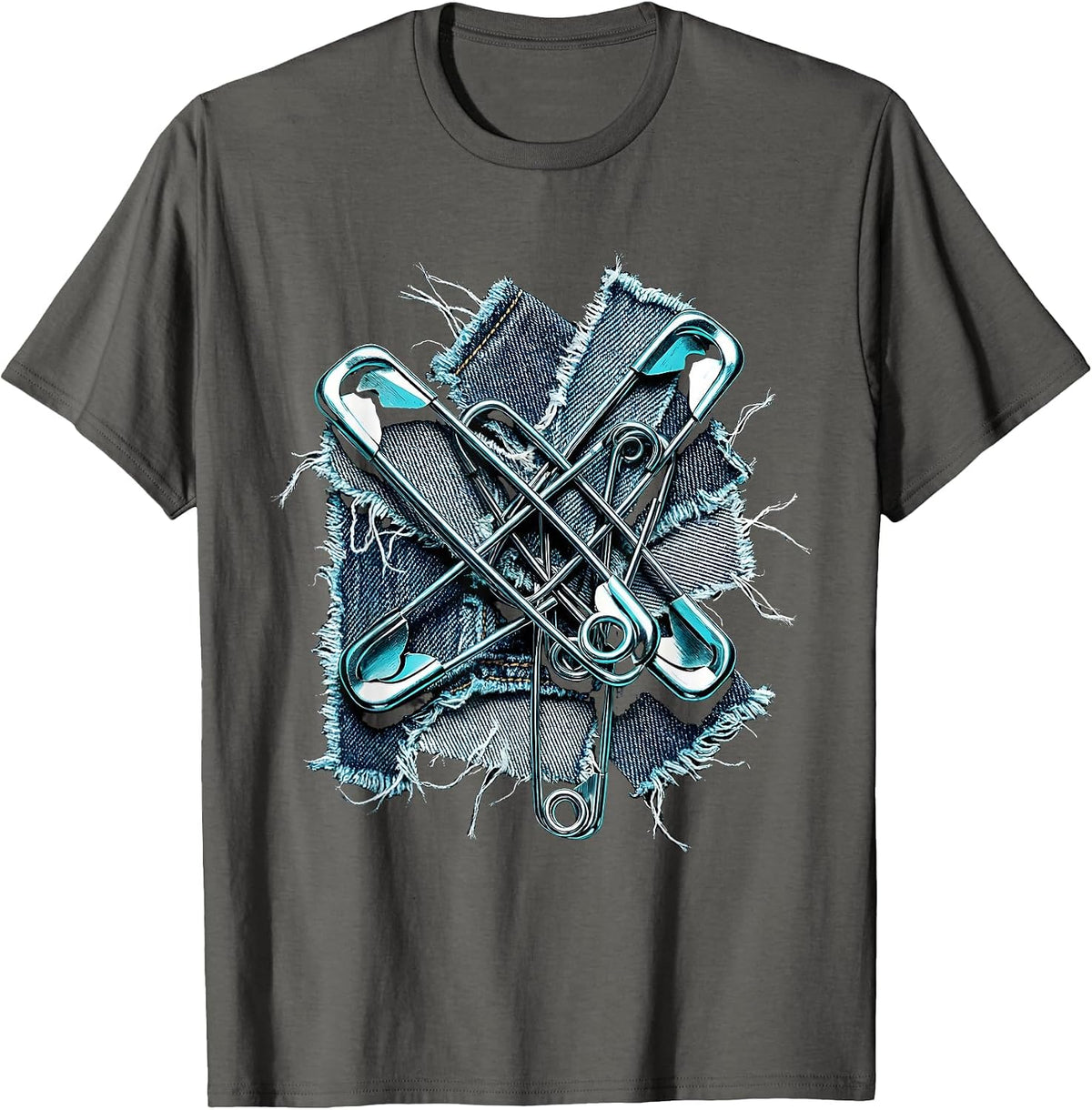 Punk Safety Pin Torn Denim Graphic Tee T-Shirt - Asphalt Grey