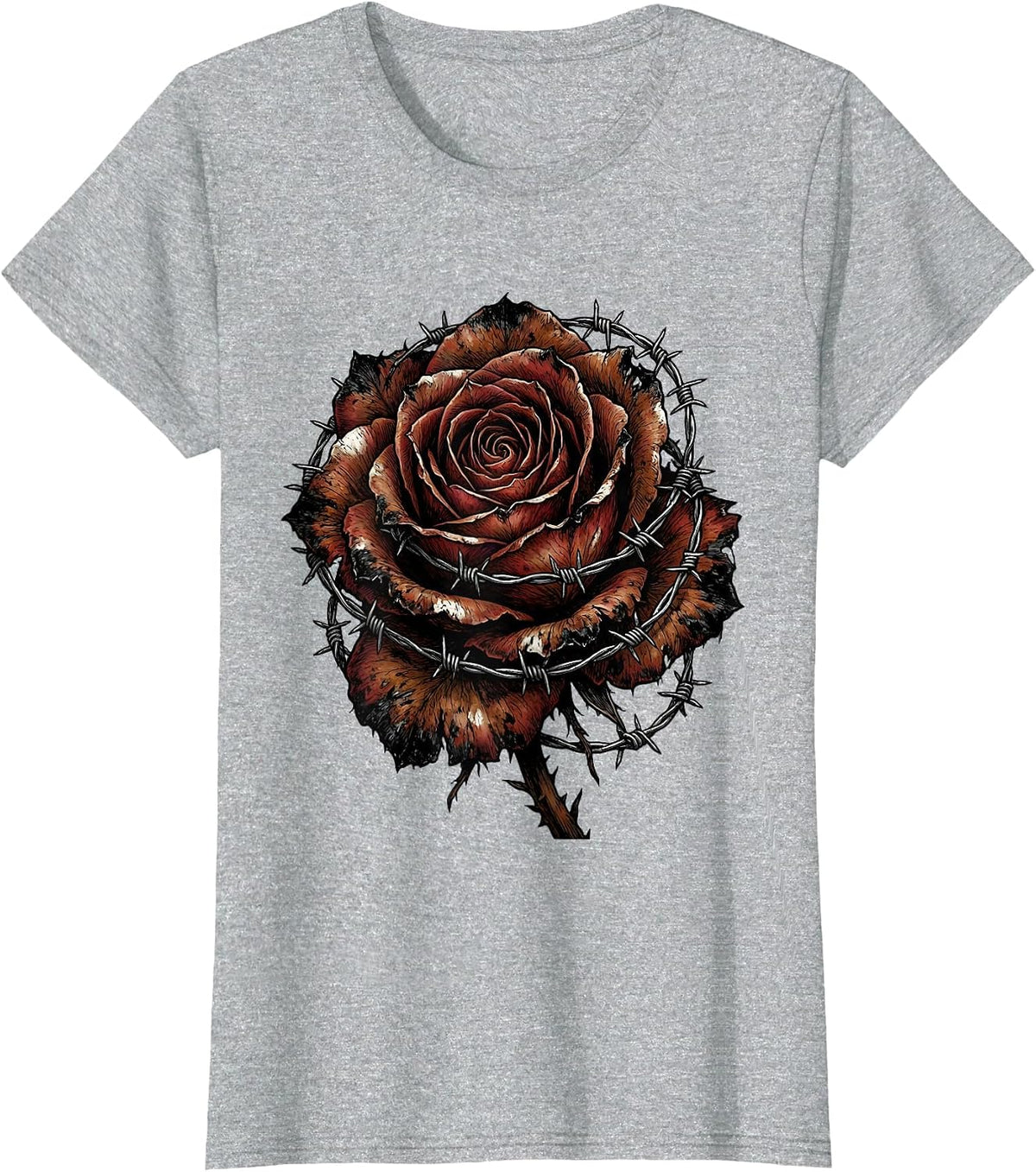 Rotting Rose Razor Wire Grunge Graphic T-Shirt - Heather Grey