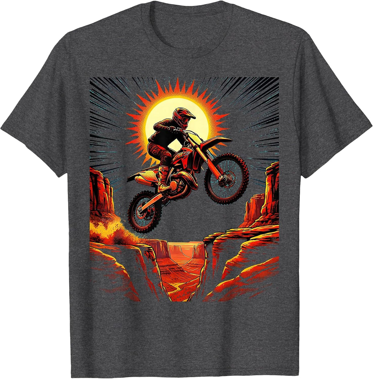 Dirt Bike Desert Canyon Gap Jump Illustration T-Shirt - Dark Heather Grey
