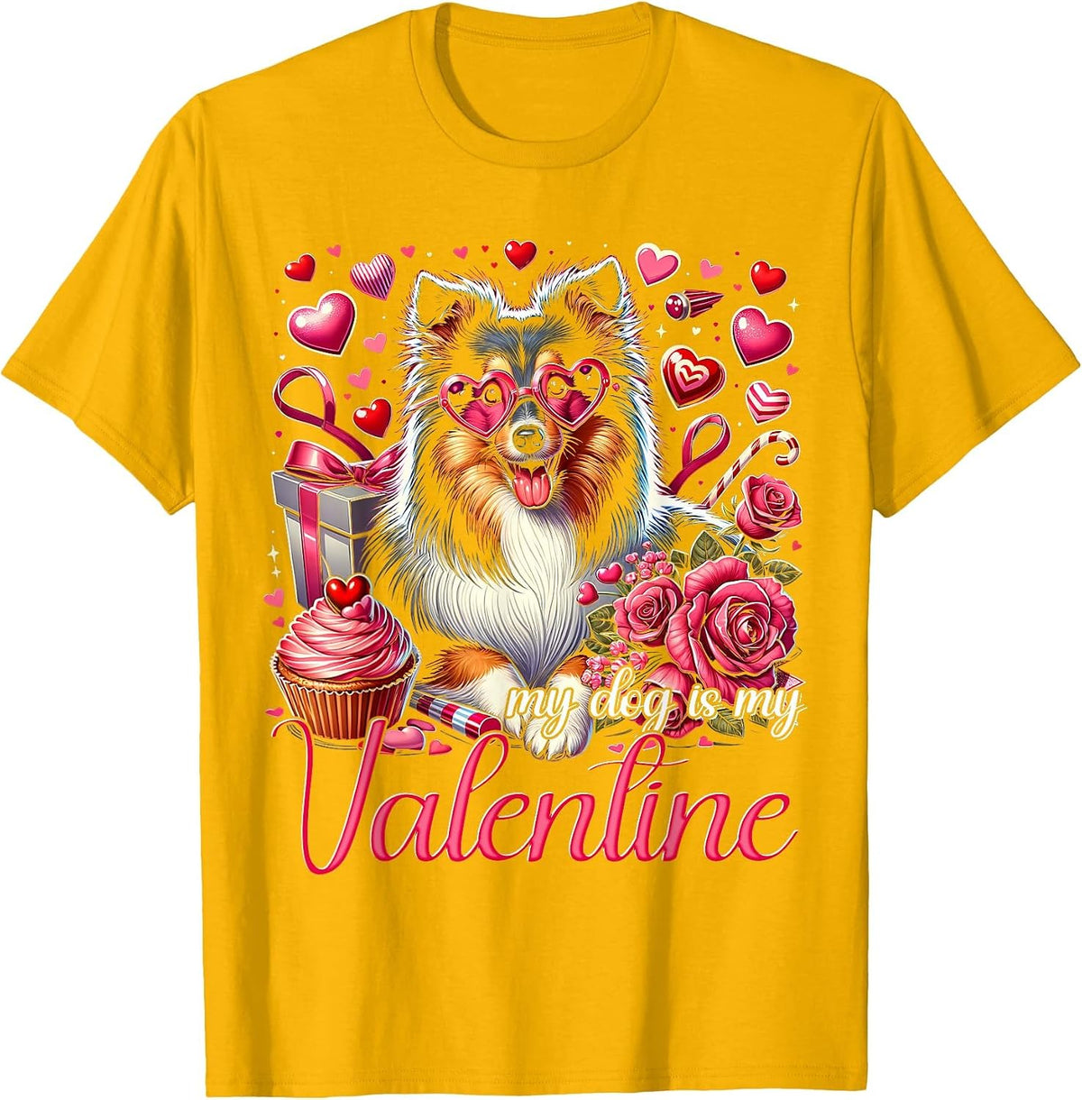 My Shetland Sheepdog is My Valentine Dogs Lovers Sheltie T-Shirt - Golden Yellow