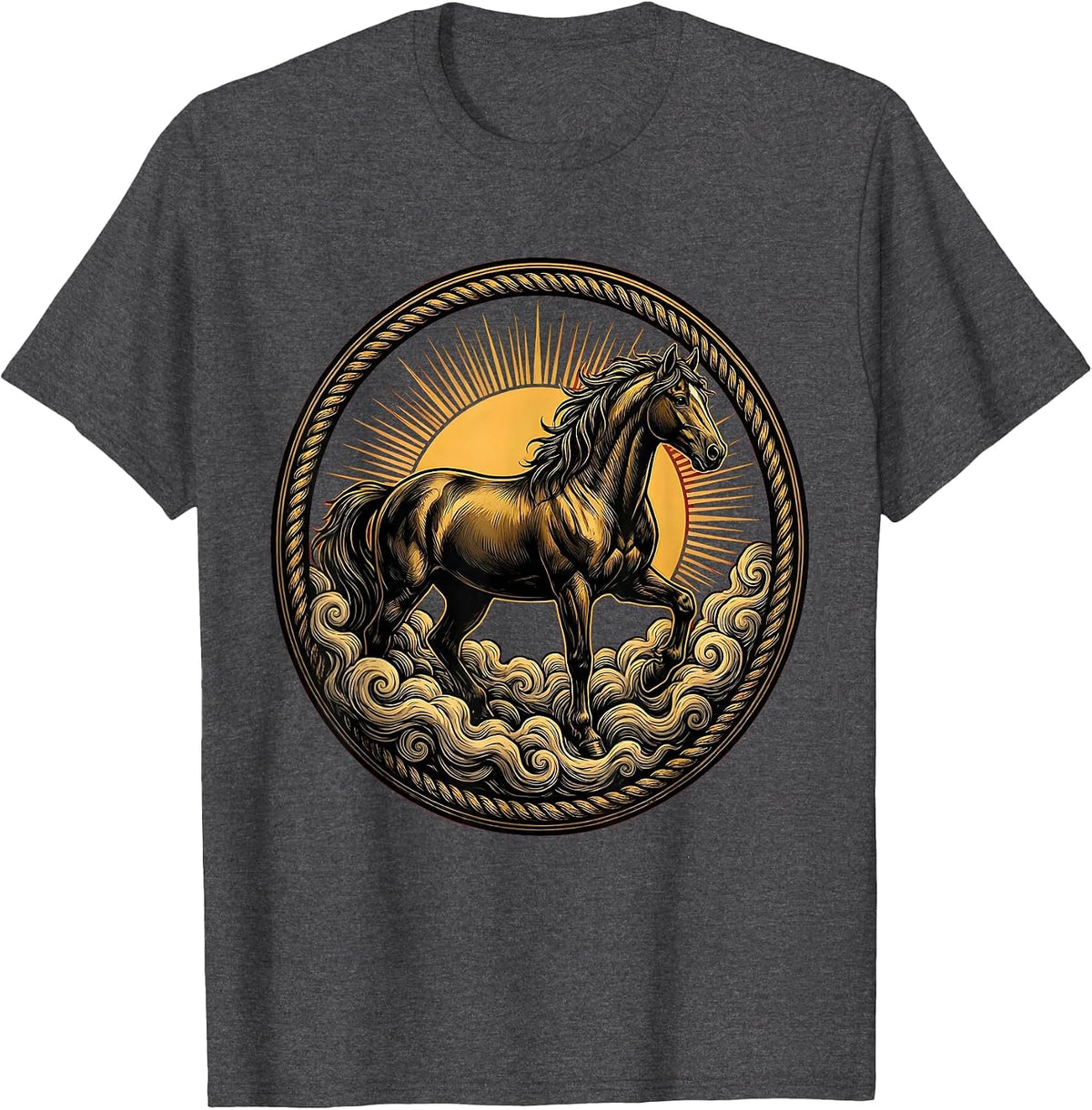Horse in Misty Morning Fog Illustration T-Shirt - Dark Heather Grey
