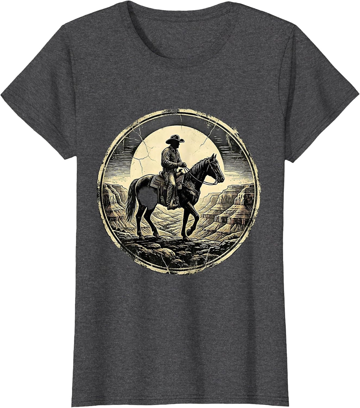 Women's Cowboy Silhouette Riding Into Canyon Sunset T-Shirt - Dark Heather Grey