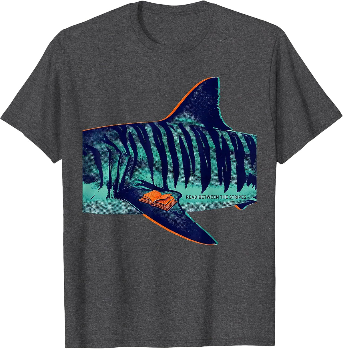 Men's Read Between The Stripes Funny Shark Lover Marine Biology T-Shirt - Dark Heather Grey