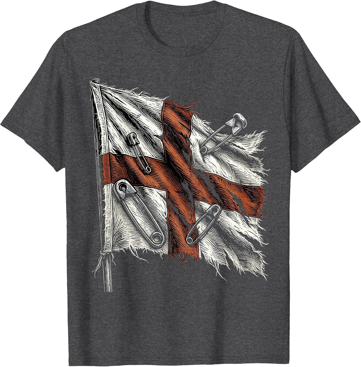 Punk Safety Pin Torn Flag Graphic Design T-Shirt - Dark Heather Grey