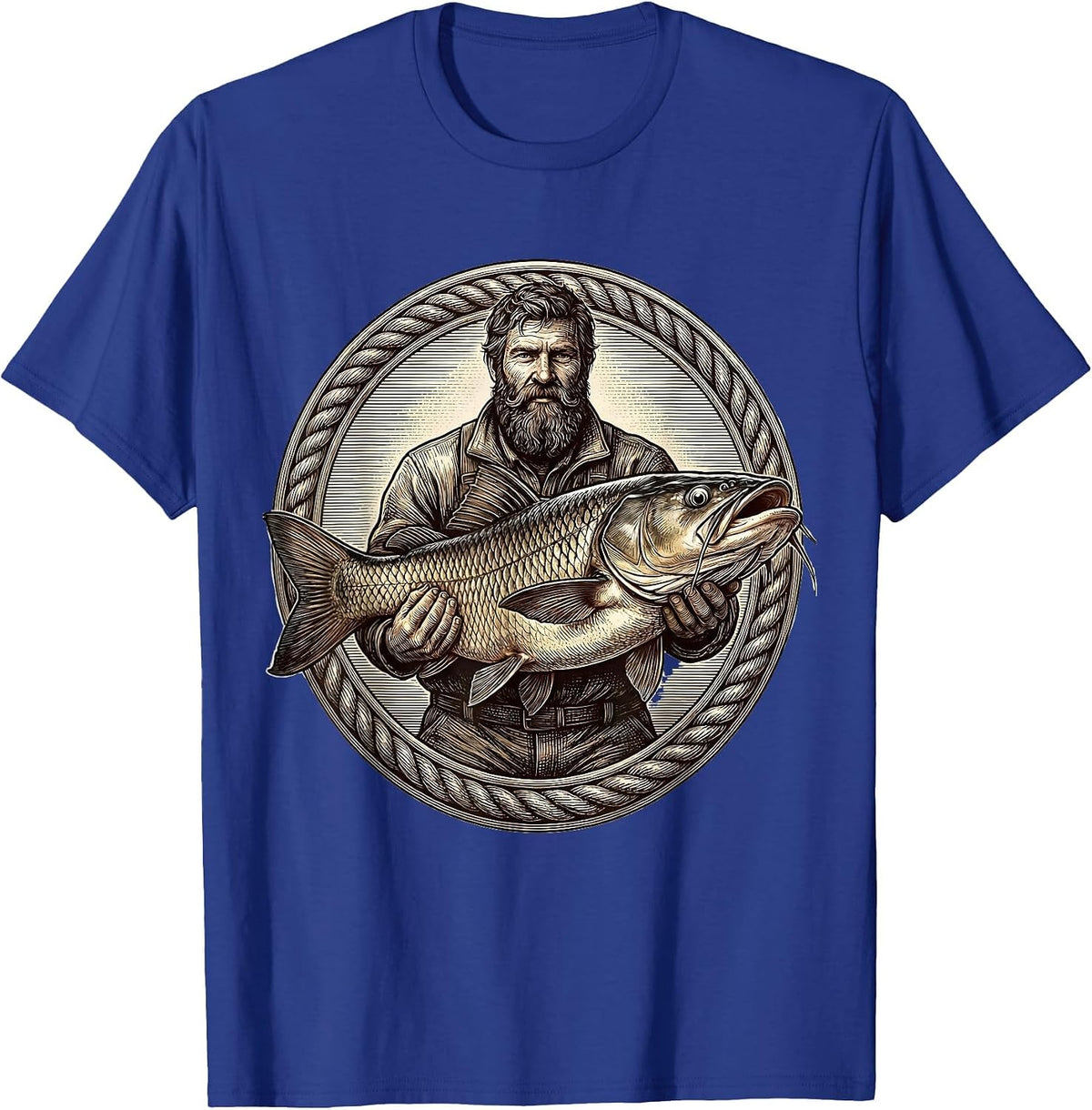 Bearded Angler Holding Giant Catfish Fishing T-Shirt - Royal Blue
