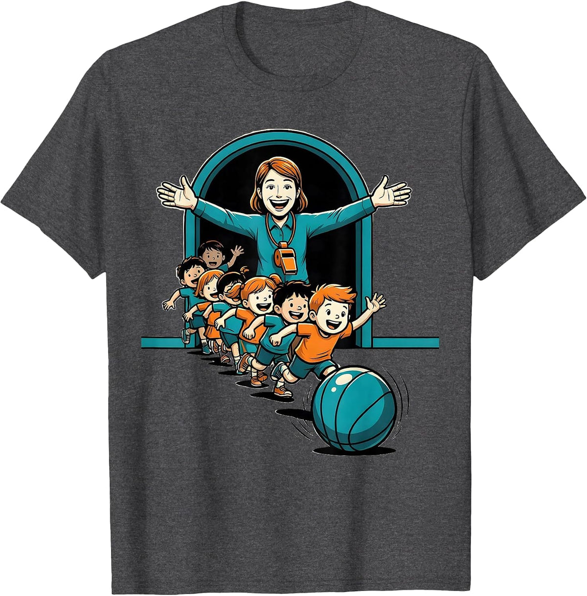 PE Teacher Skipping Line Cartoon Back To School Humor T-Shirt - Dark Heather Grey